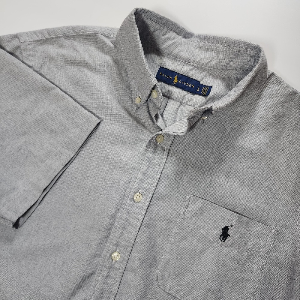 Polo Ralph Lauren Chambray Shirt Mens L Gray Short Sleeve Oxford Preppy Pony EUC
